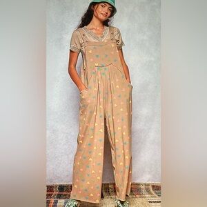 POL Beige Heart-Print Wide-Leg Jumpsuit